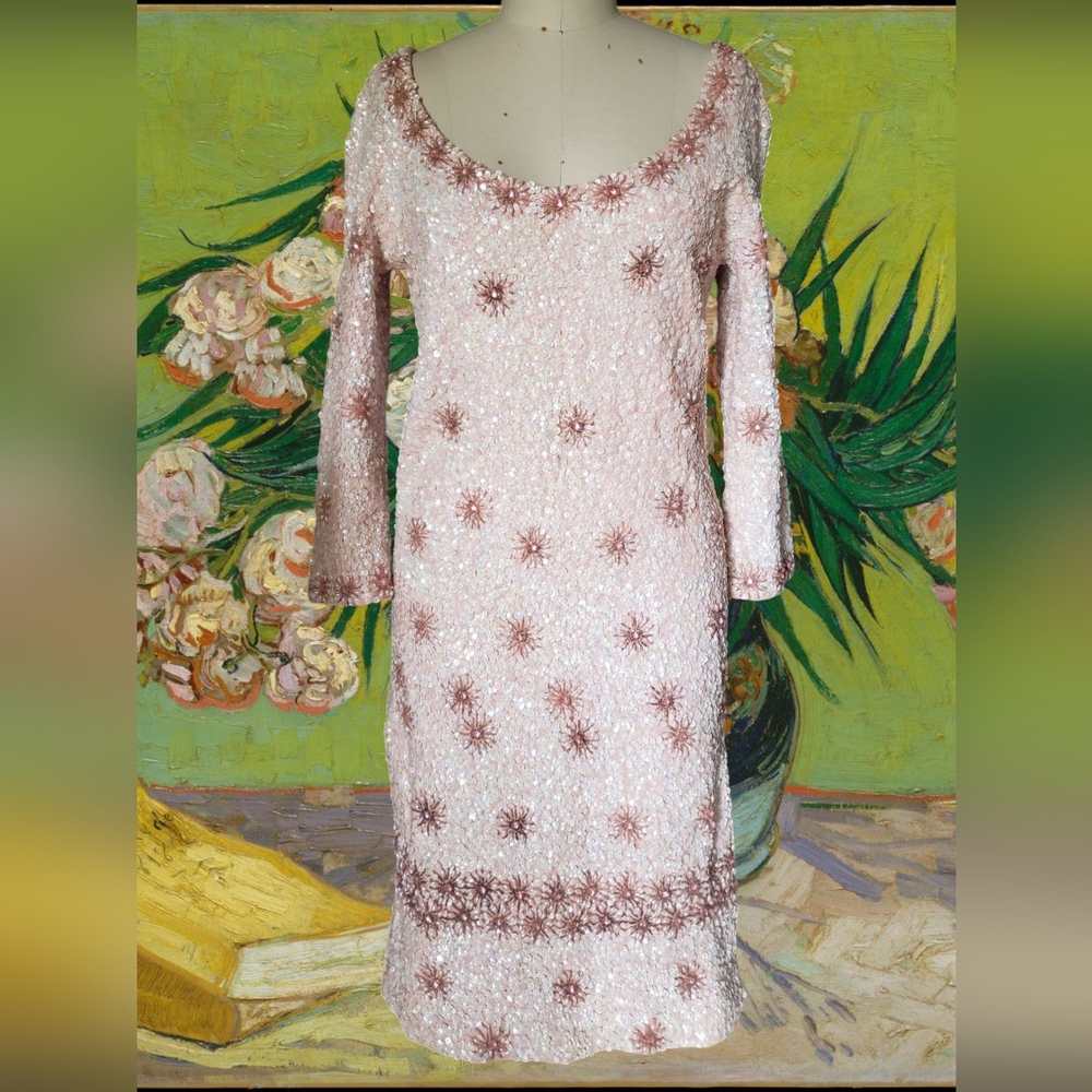 Vintage 1960's Imperial pink sequin beaded wool dress medium large